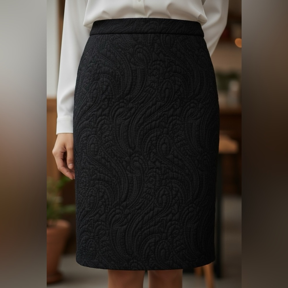 Louis Feraud Vintage Quilted Black Pencil Skirt Wool Silk Textured Lined US 10